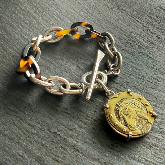 Sterling and Tortoise Shell Chain Bracelet with Horse Head Button