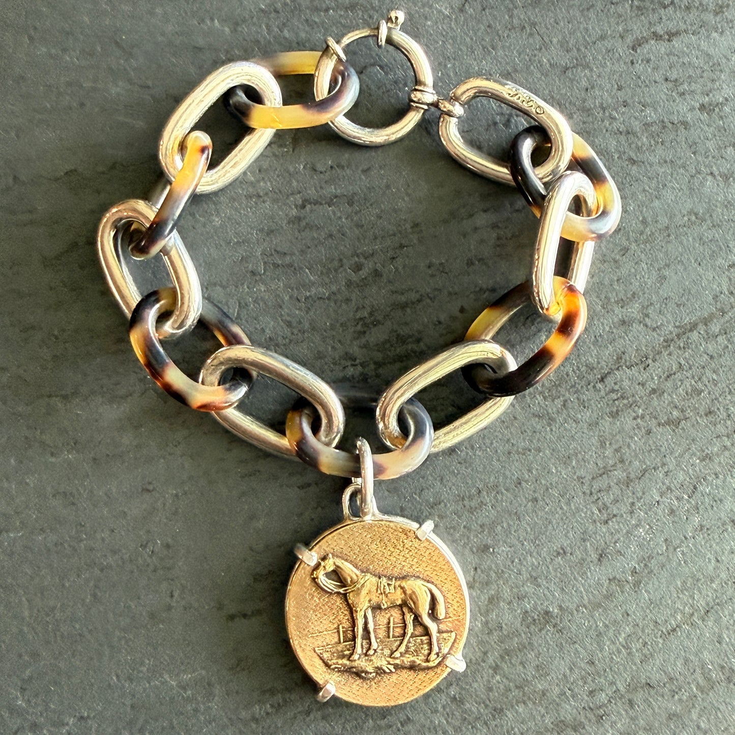 Sterling and Tortoise Shell Chain Bracelet with Horse Medal