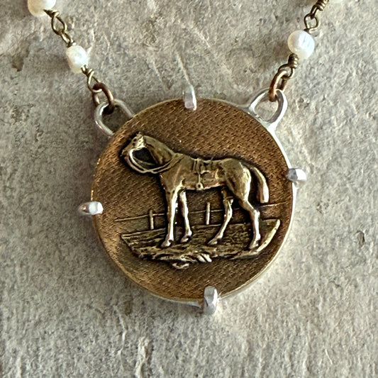 Classic Bronze Hunter Horse Necklace on Wire Wrapped Pearls