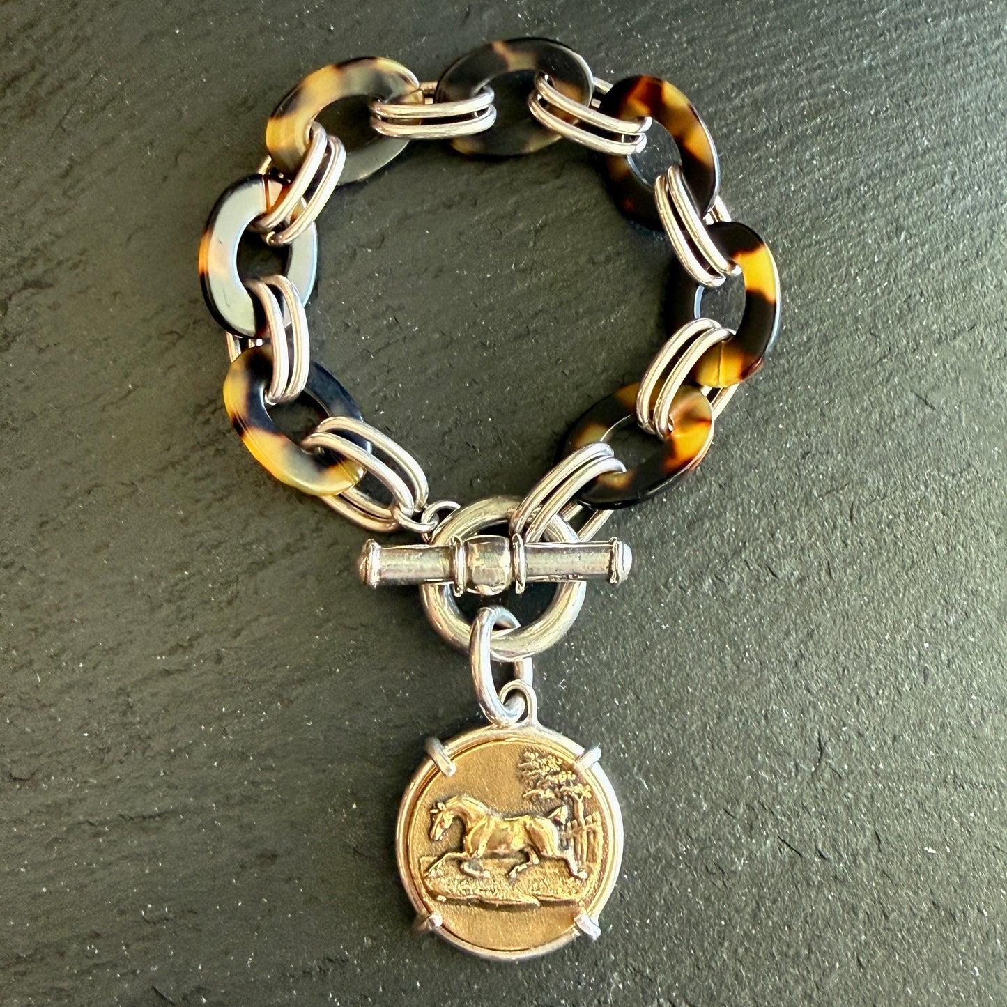 Sterling and Tortoise Shell Chain Bracelet with Horse Medal