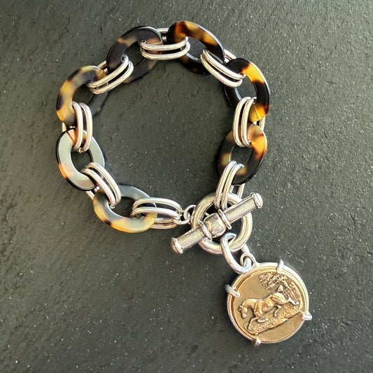 Sterling and Tortoise Shell Chain Bracelet with Horse Medal