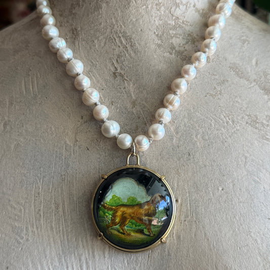Vintage Retriever Bridle Rosette on Pearl Necklace