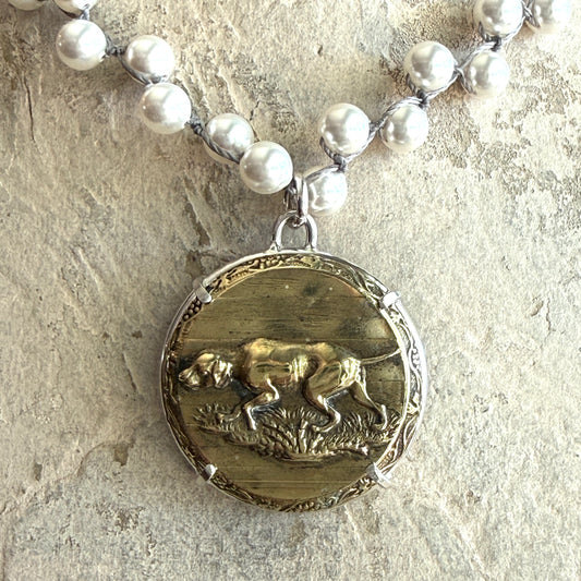 1800's Brass Hound Dog Button Necklace