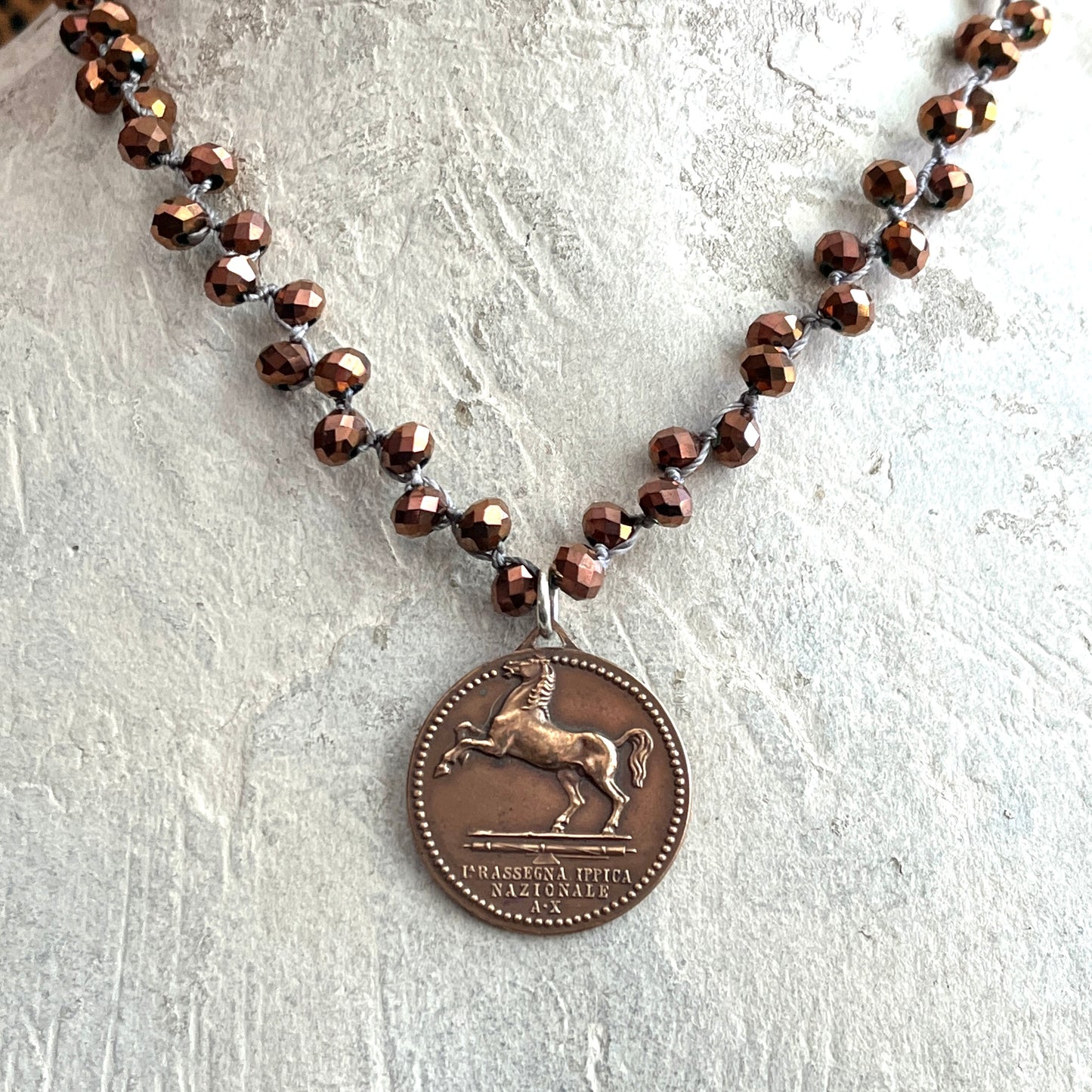 Bronze Roman Horse Medal on Copper Crystal Necklace