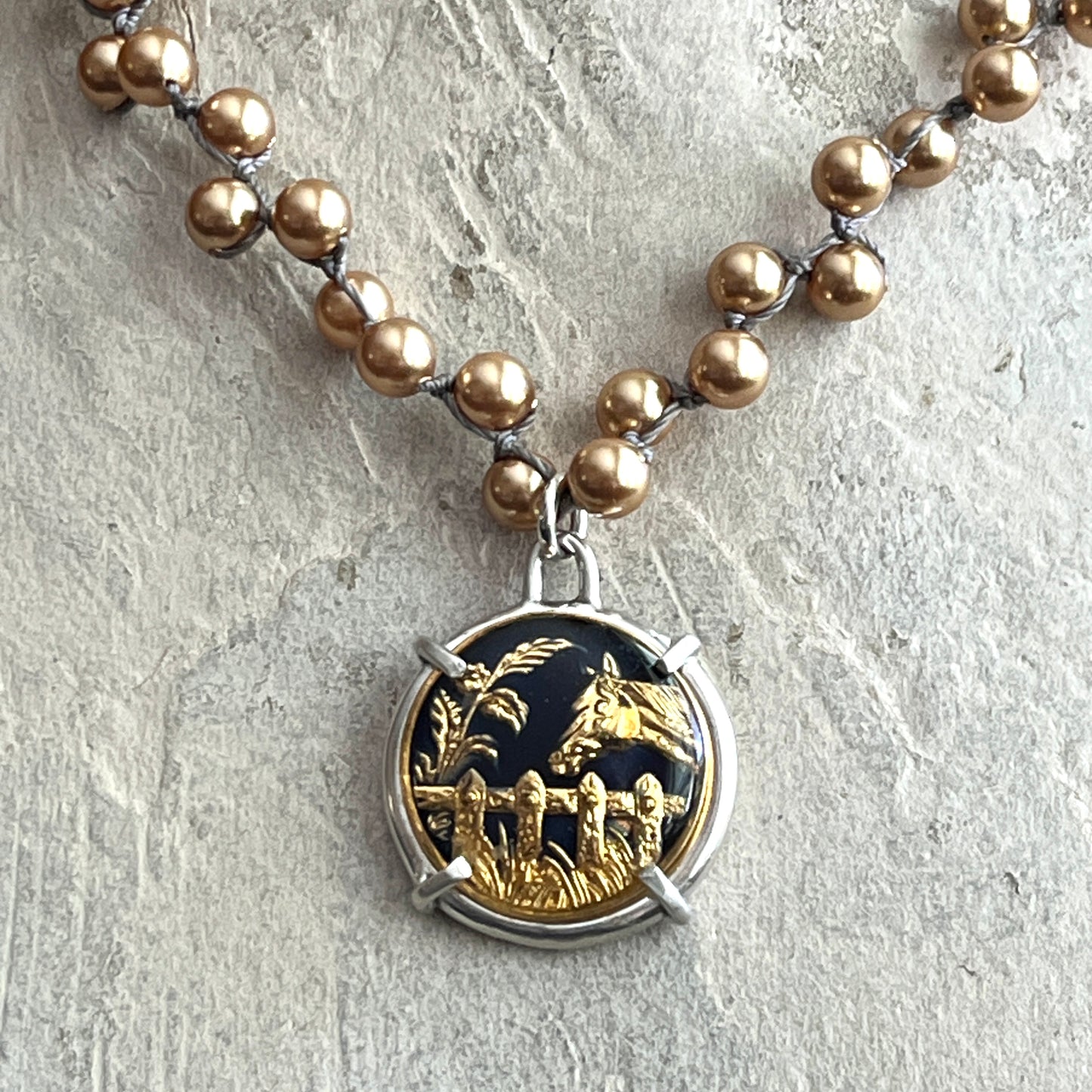 Gilt Enamel Horse Button on Pearl Necklace