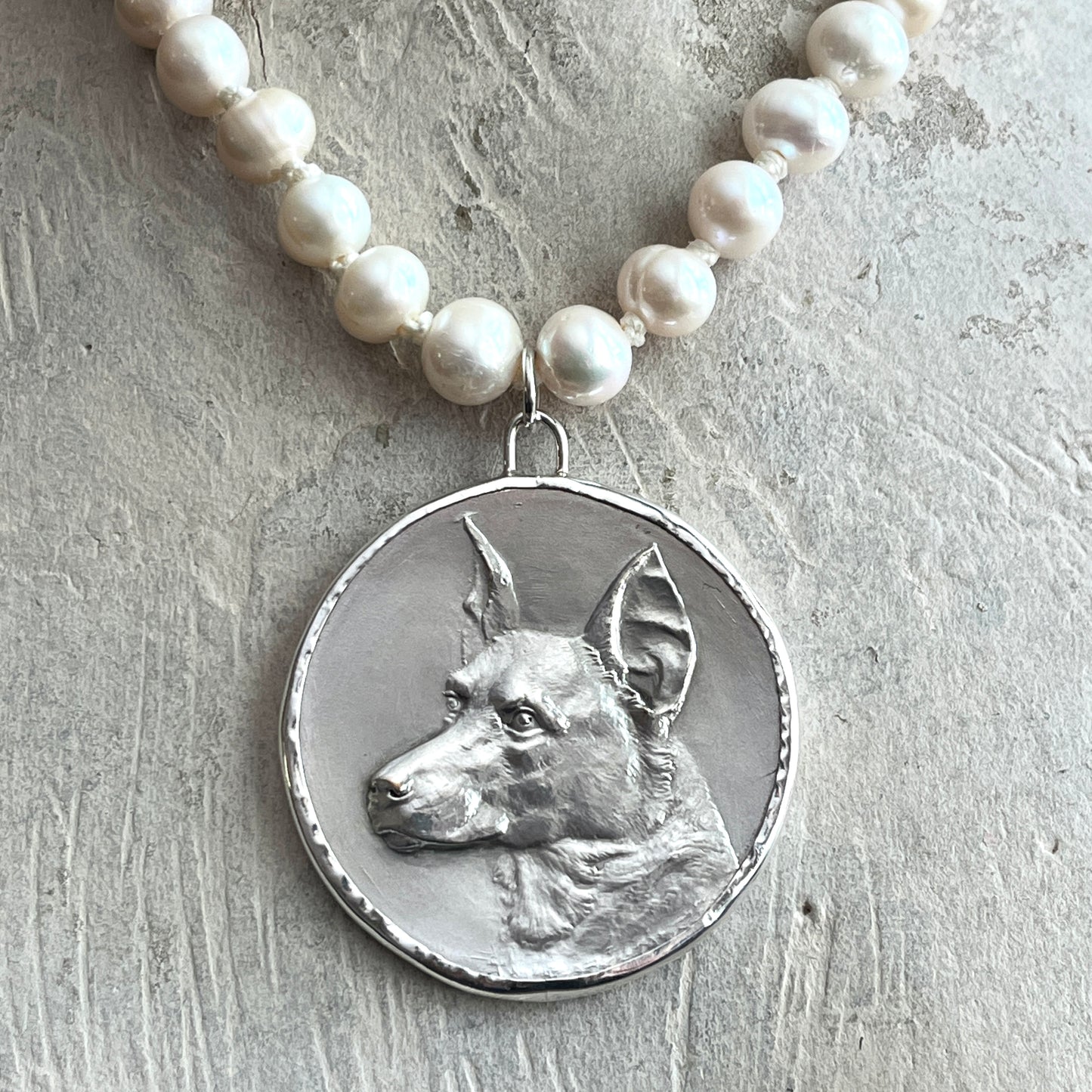 Silver Shepherd Dog on Pearl Necklace