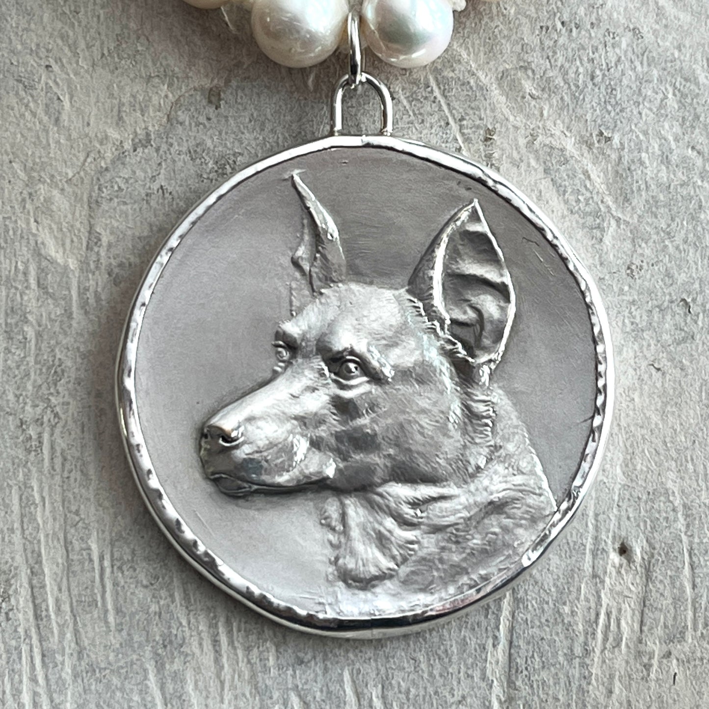 Silver Shepherd Dog on Pearl Necklace