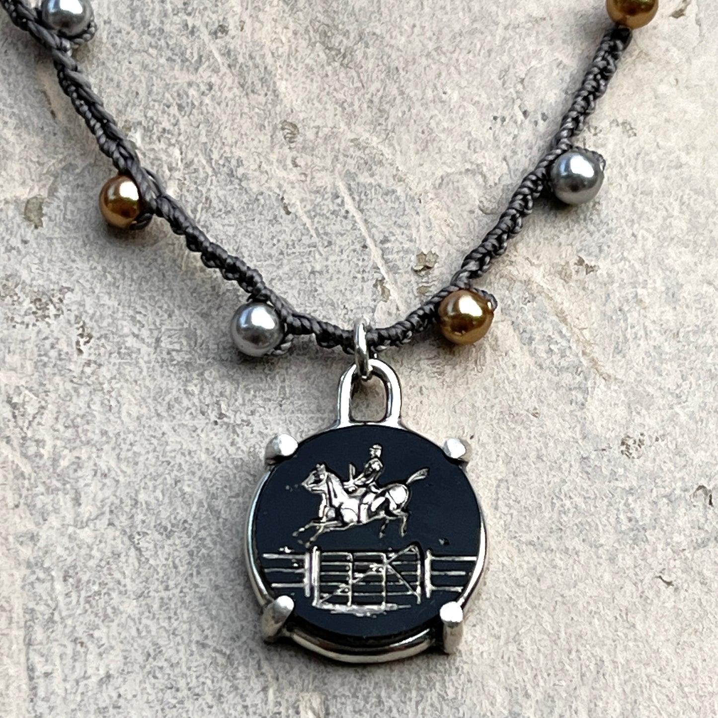 Onyx Engraved Horse Button Necklace