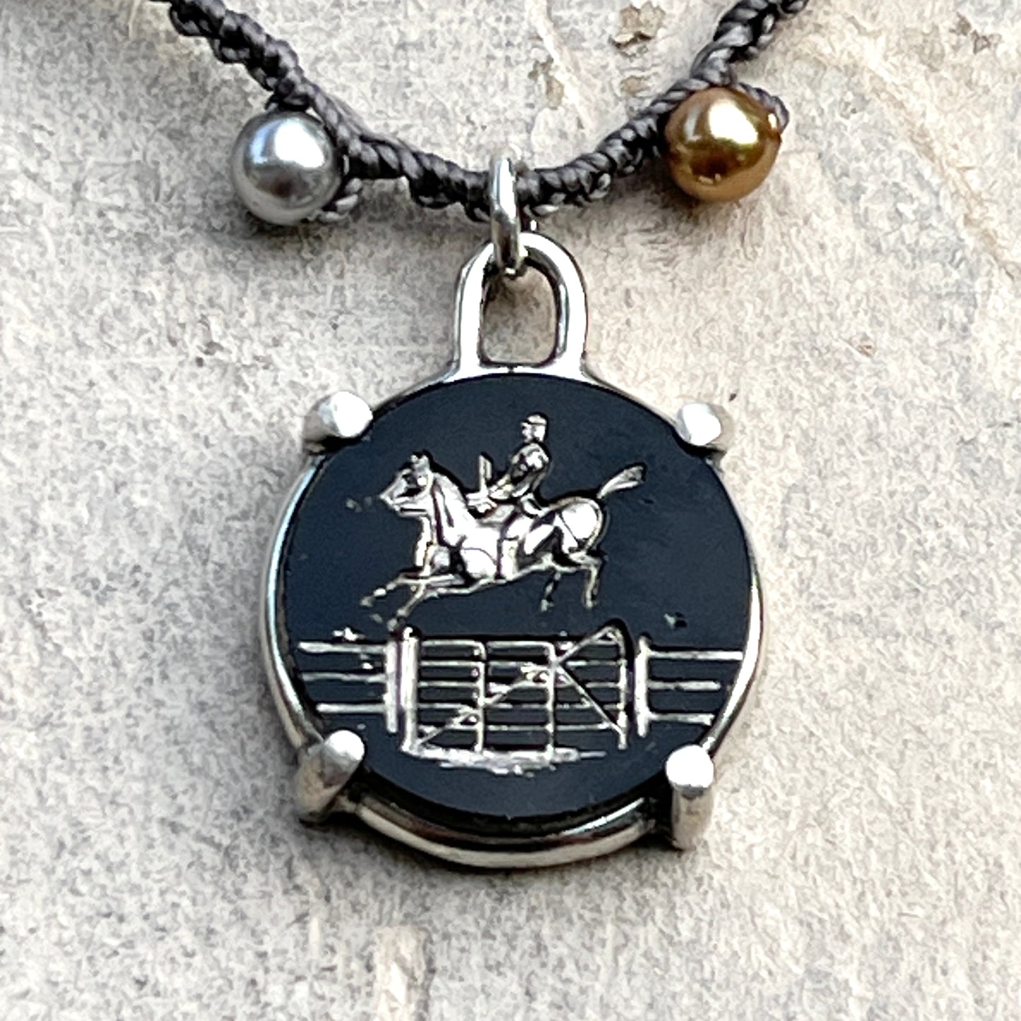 Onyx Engraved Horse Button Necklace