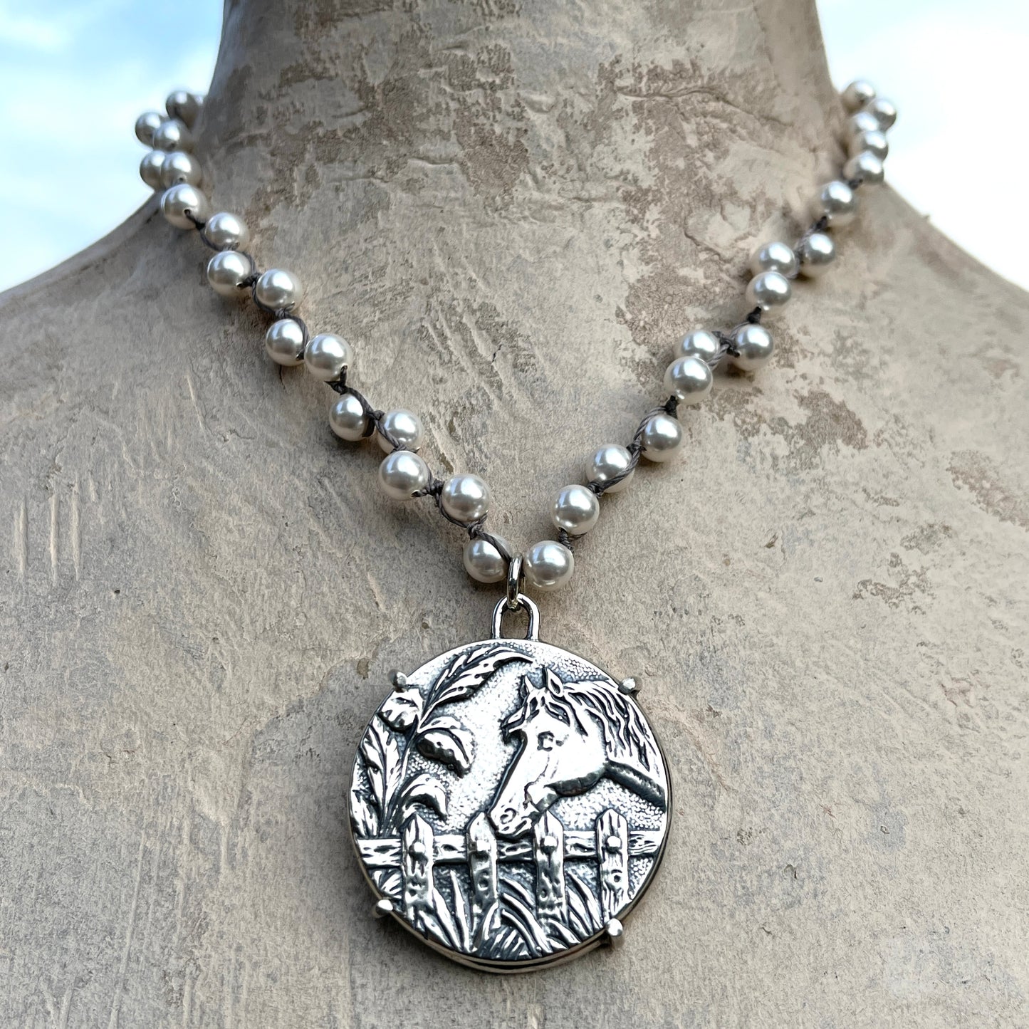 Best Friend Button on Pearl Horse Necklace
