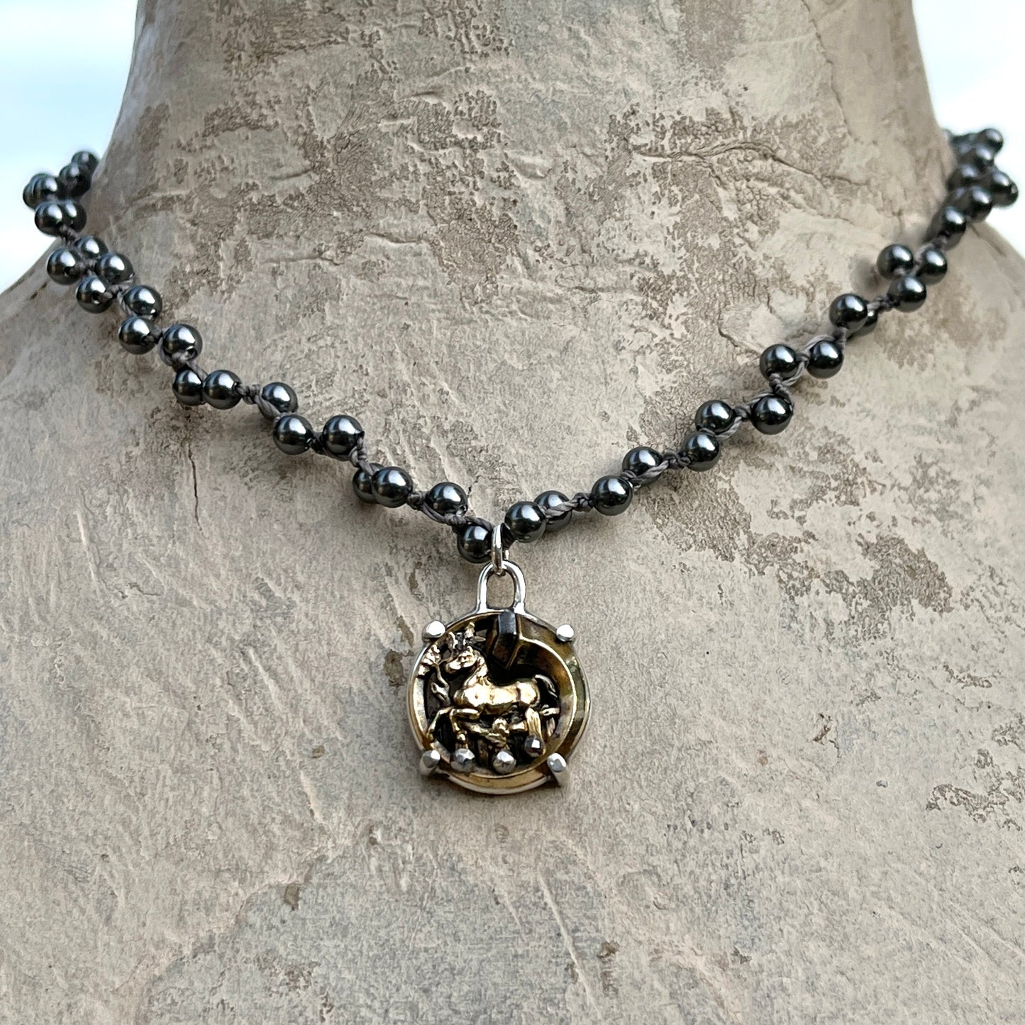 Little Lovely Brass Jumping Horse Button Necklace