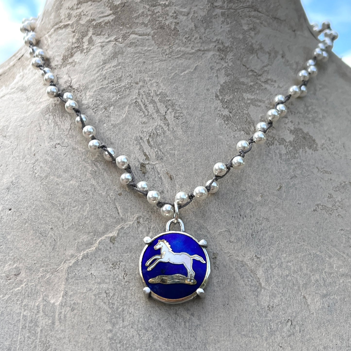 Cobalt Cloisonne Jumper on Pearls