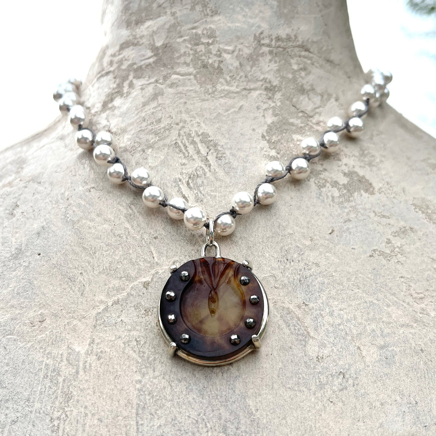 Vintage Tortoise Shell Horseshoe Button Necklace