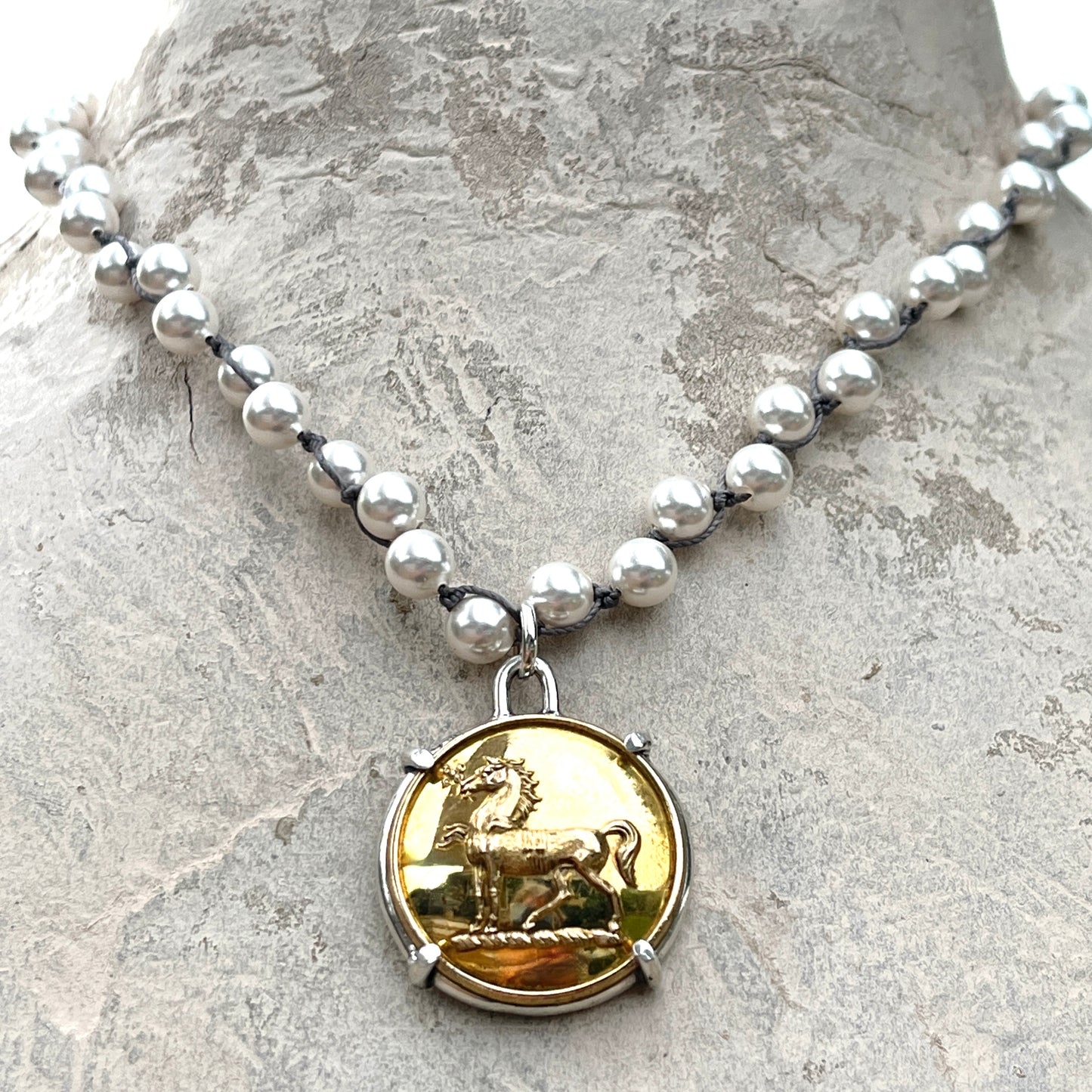 Vintage Brass Livery Horse Button on Pearl Necklace