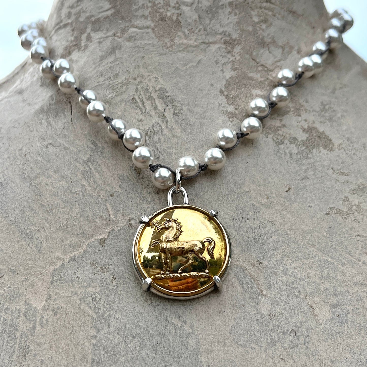 Vintage Brass Livery Horse Button on Pearl Necklace