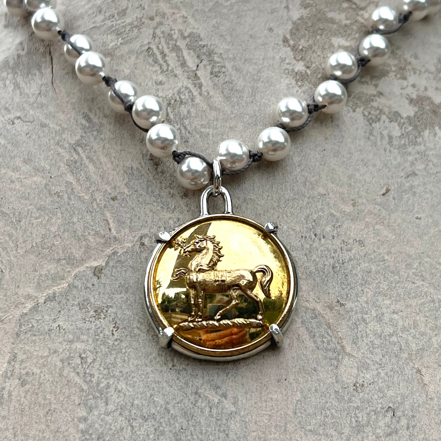 Vintage Brass Livery Horse Button on Pearl Necklace