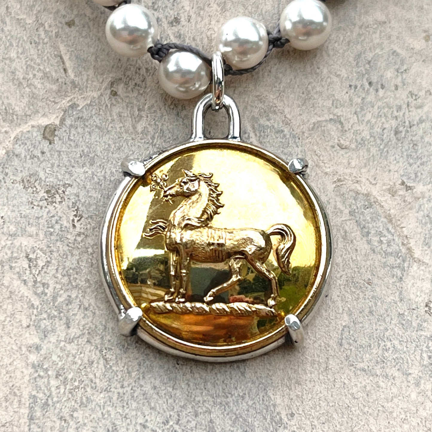 Vintage Brass Livery Horse Button on Pearl Necklace