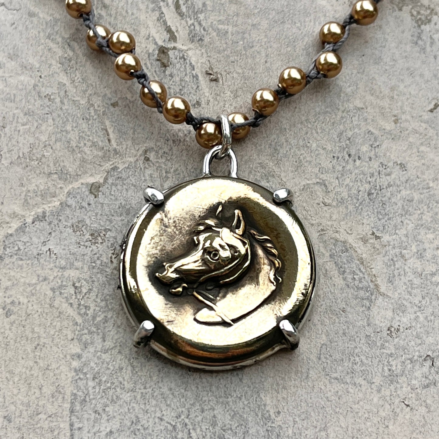 Vintage Brass Horse Head Button on Pearl Necklace