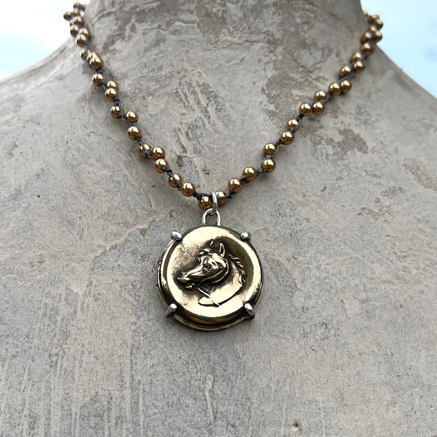 Vintage Brass Horse Head Button on Pearl Necklace