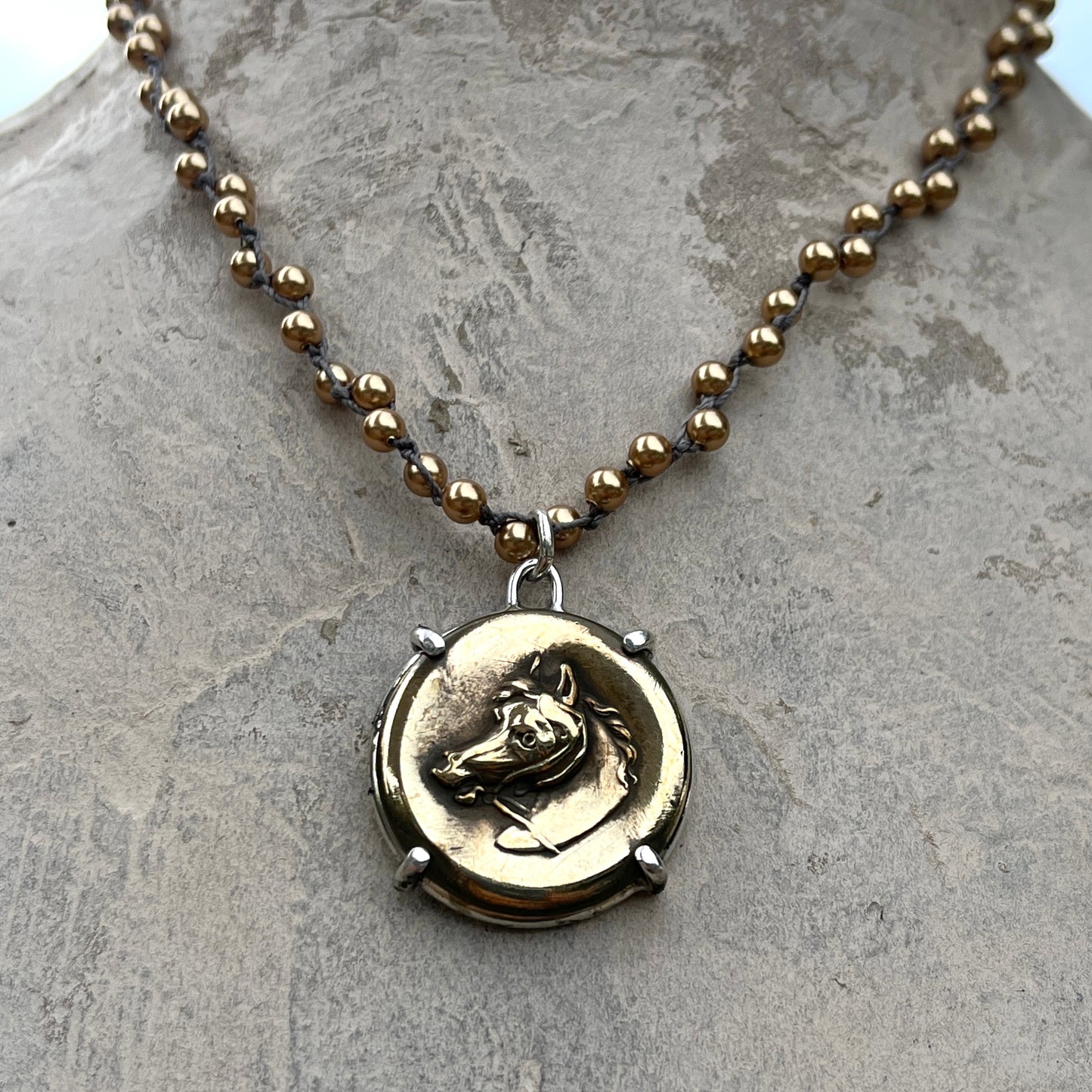 Vintage Brass Horse Head Button on Pearl Necklace