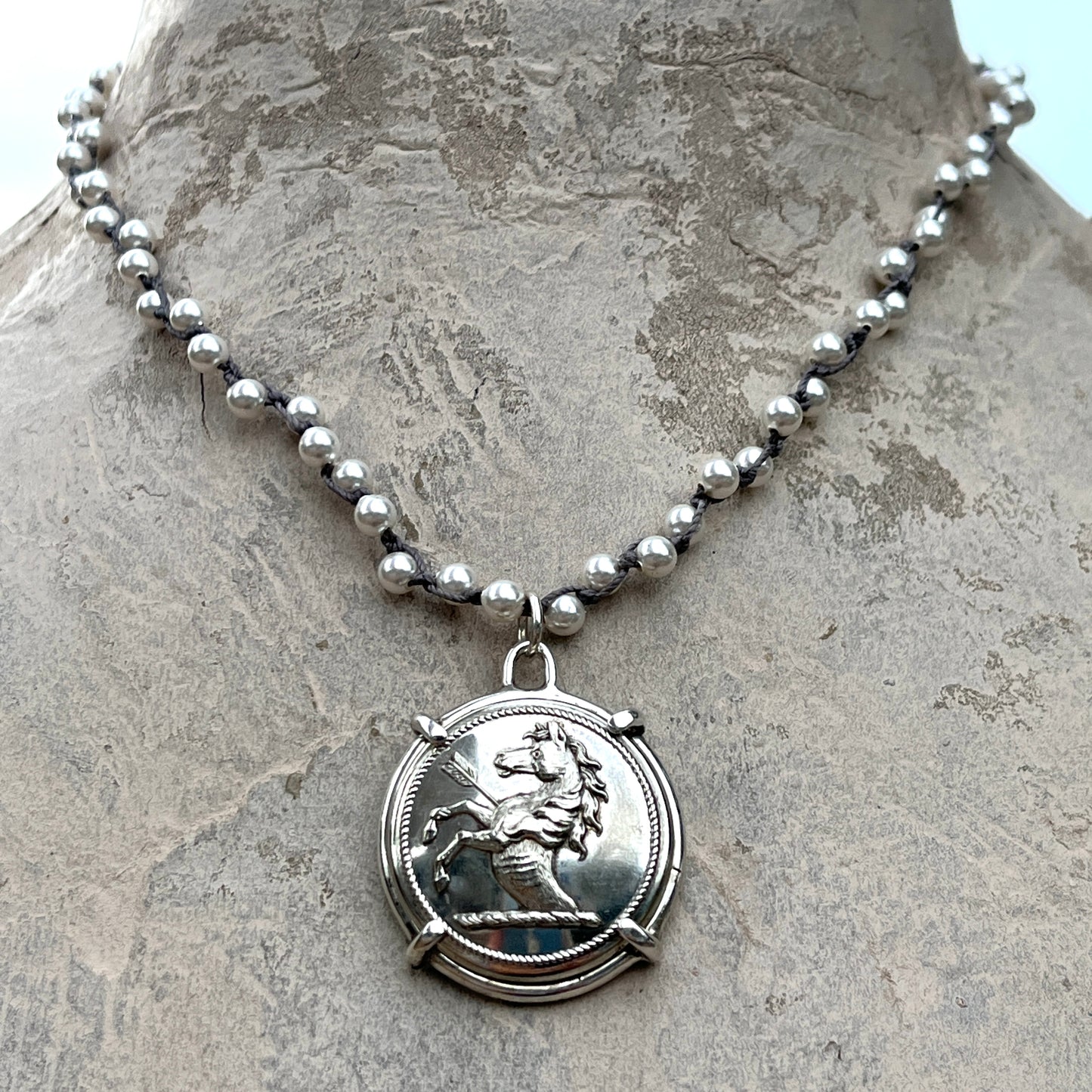 War Horse Livery Button on Pearl Necklace