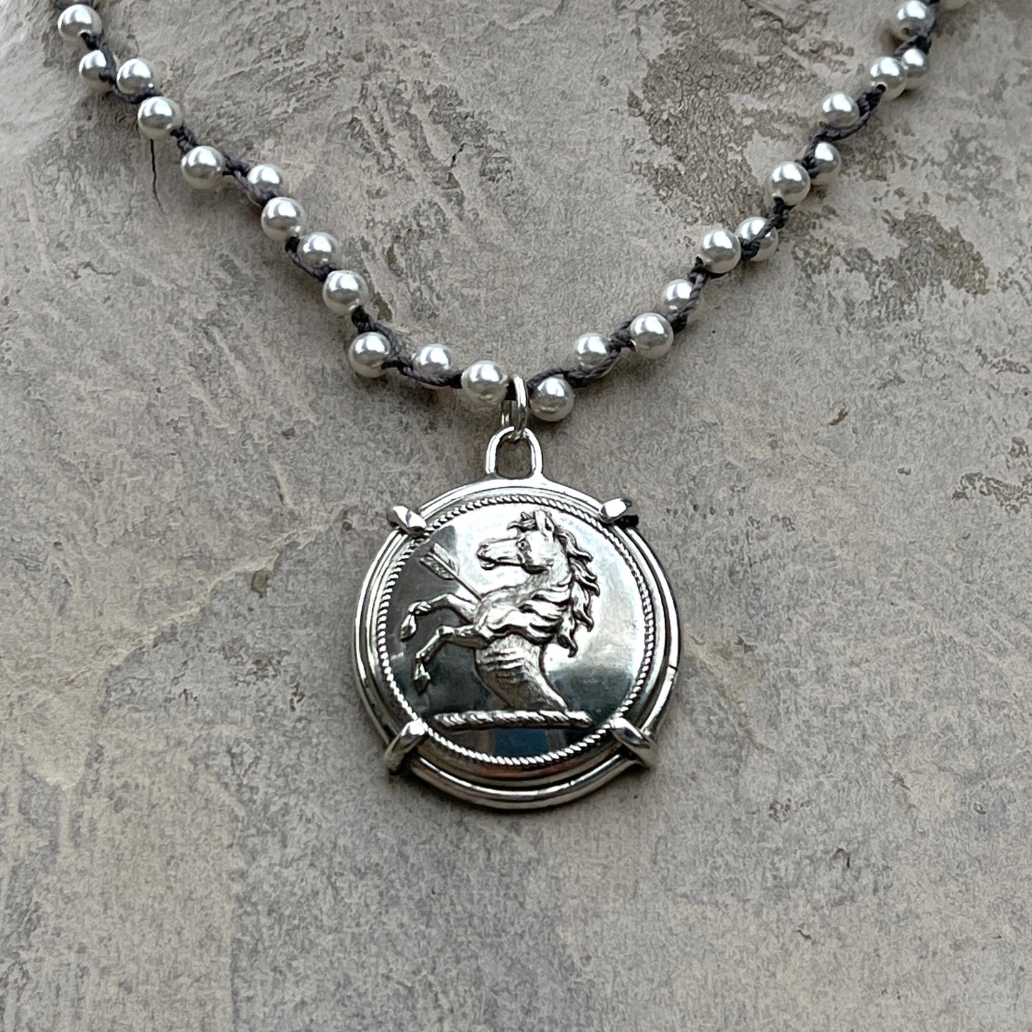 War Horse Livery Button on Pearl Necklace