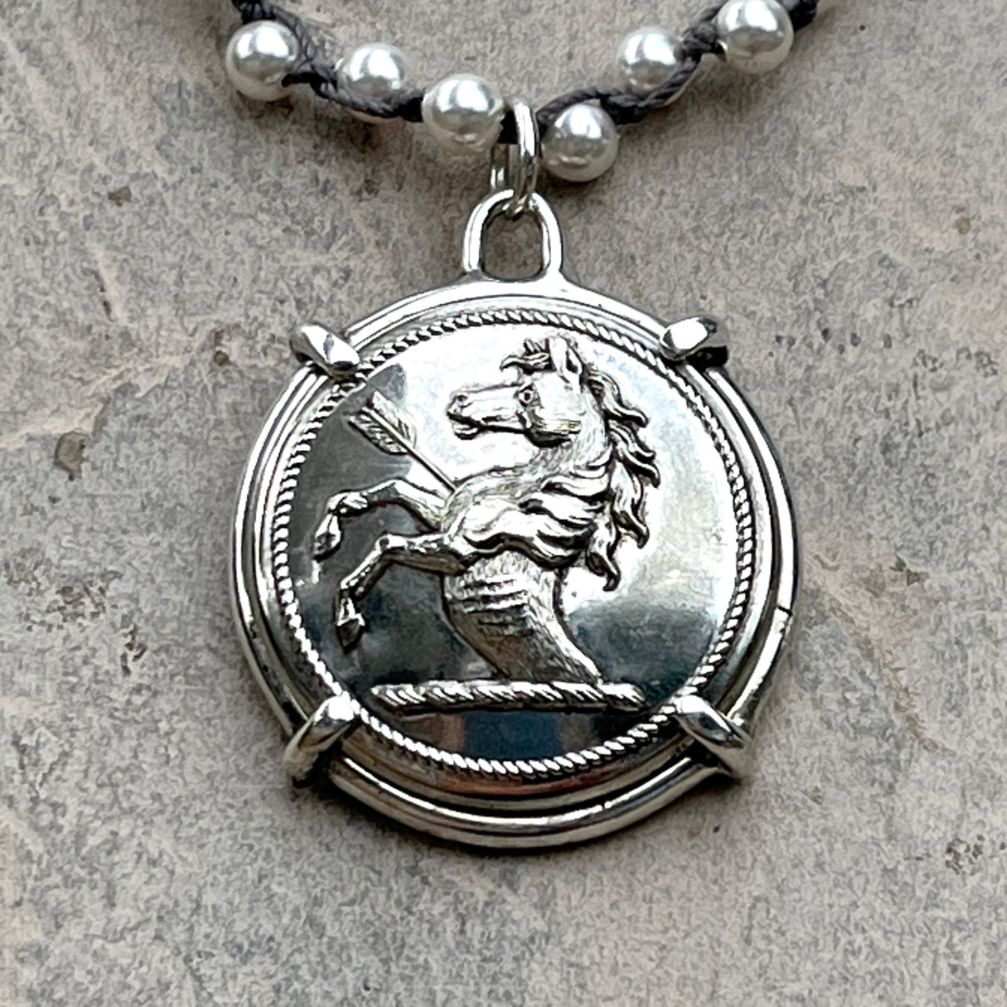 War Horse Livery Button on Pearl Necklace
