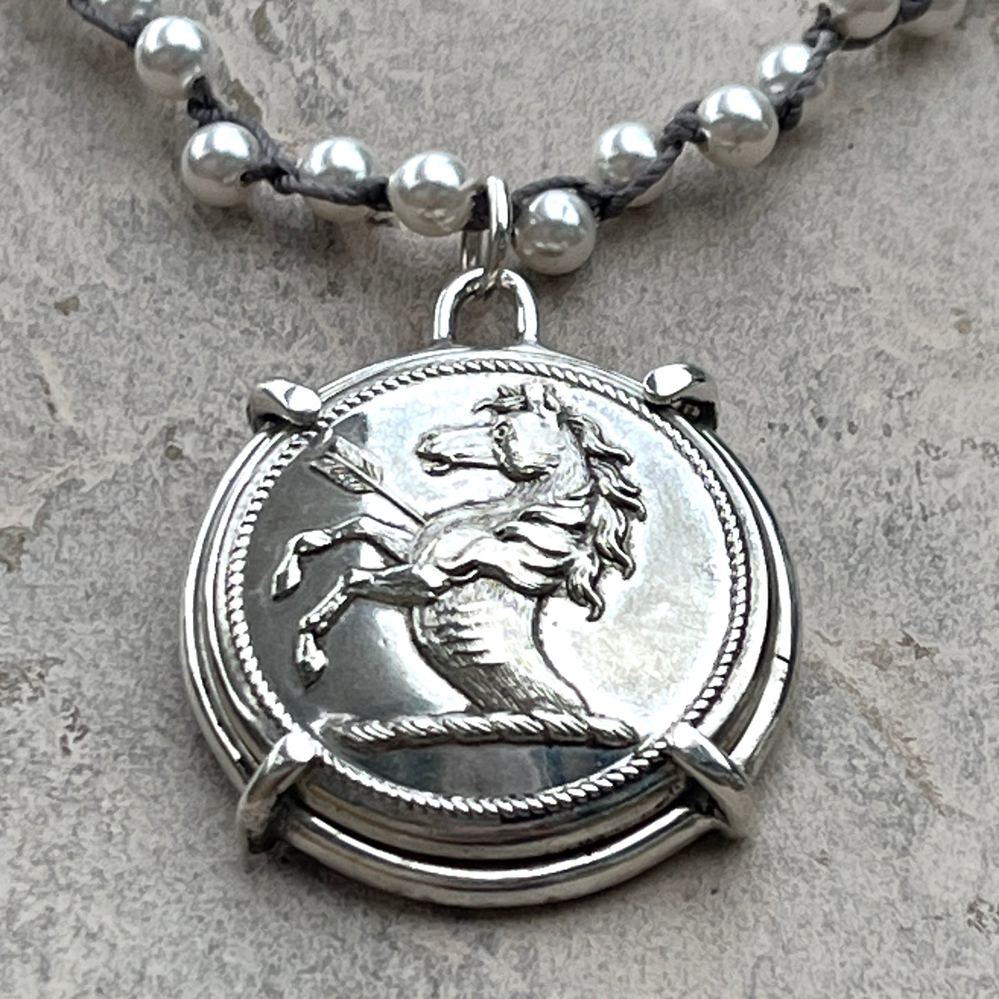 War Horse Livery Button on Pearl Necklace