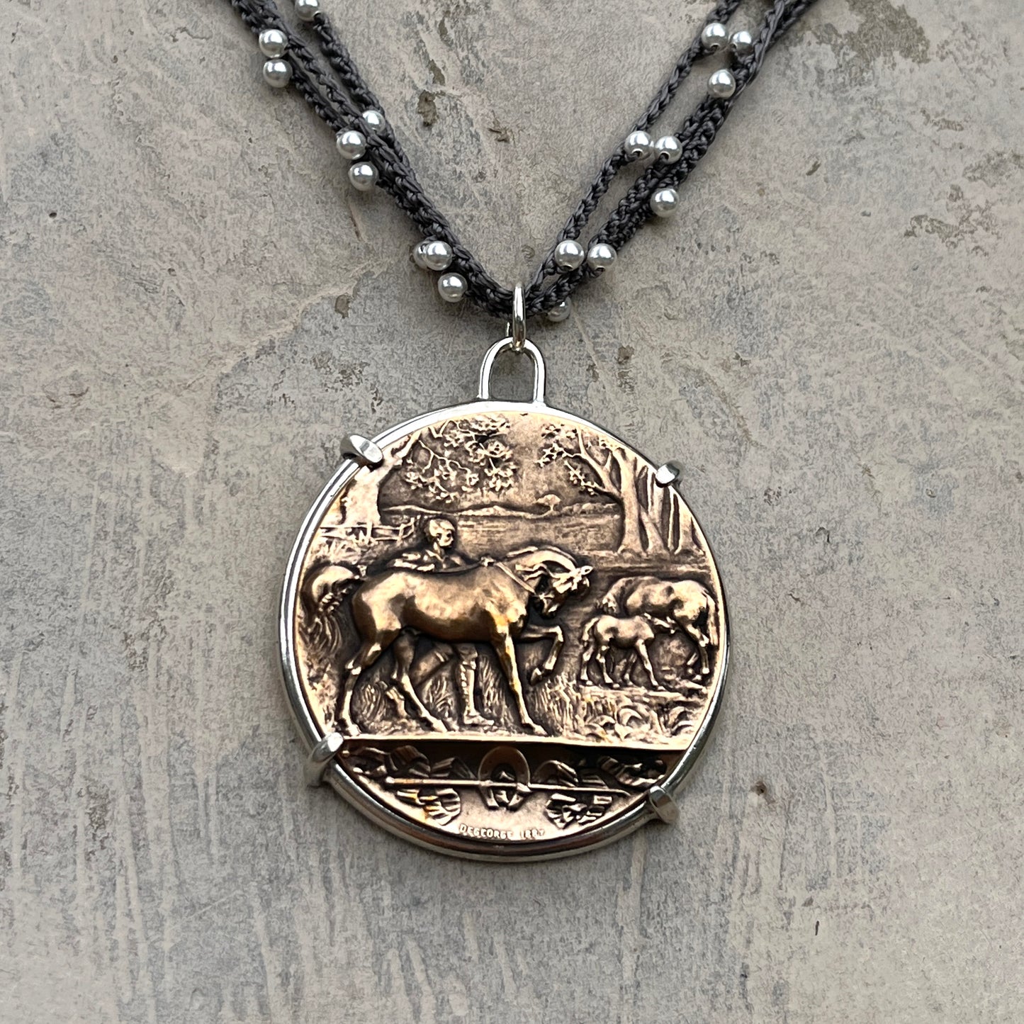 1913 Bucolic Horse Medal on Triple Strand Necklace