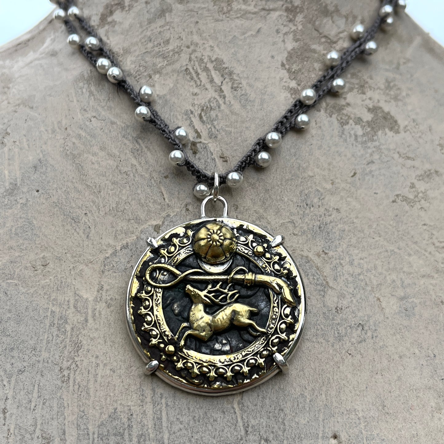 Stag Hunt Button on Pearl Necklace
