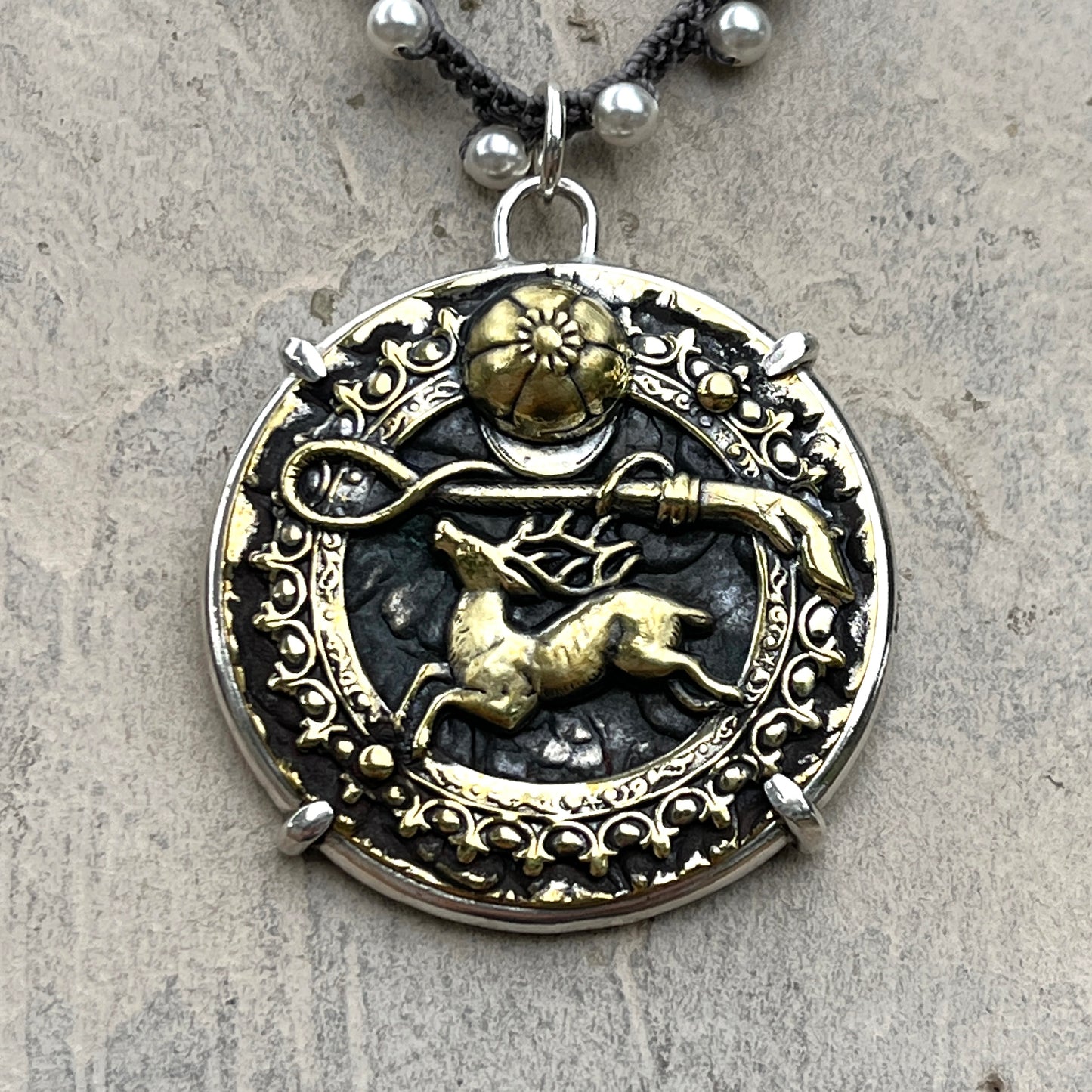 Stag Hunt Button on Pearl Necklace
