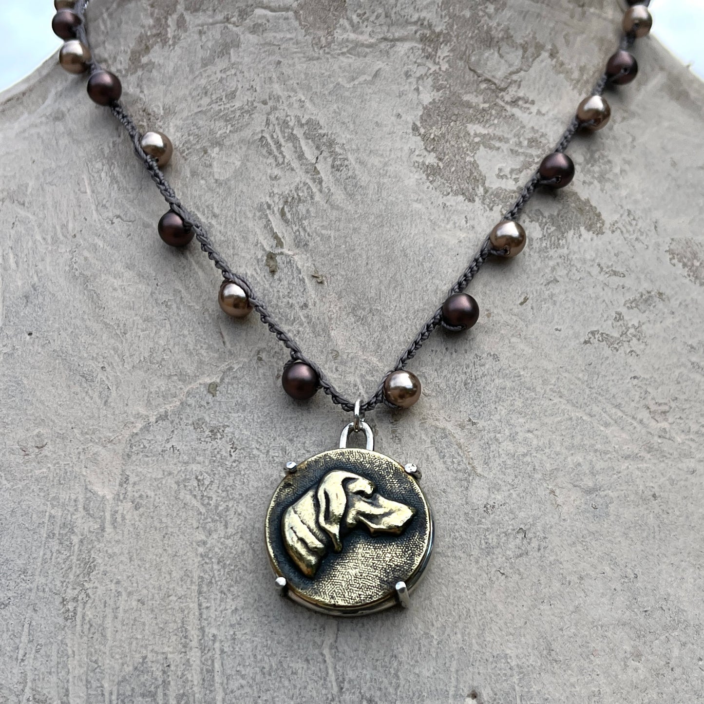 Hound Head Button on Pearl Necklace