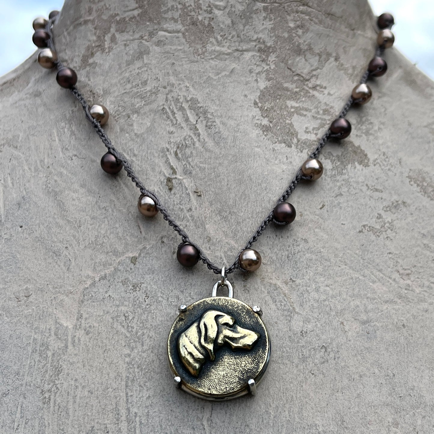Hound Head Button on Pearl Necklace
