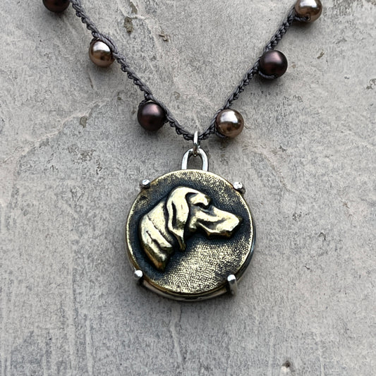 Hound Head Dog Button on Pearl Necklace