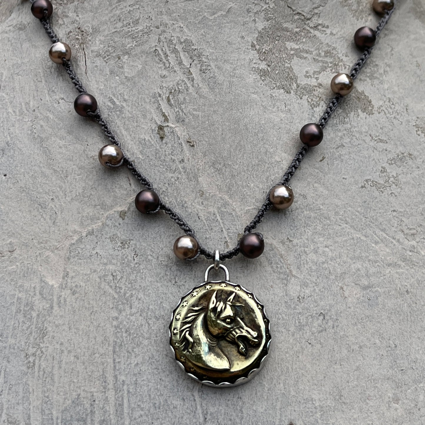 Star Detail Brass Baroque Horse Head Button on Pearl Necklace