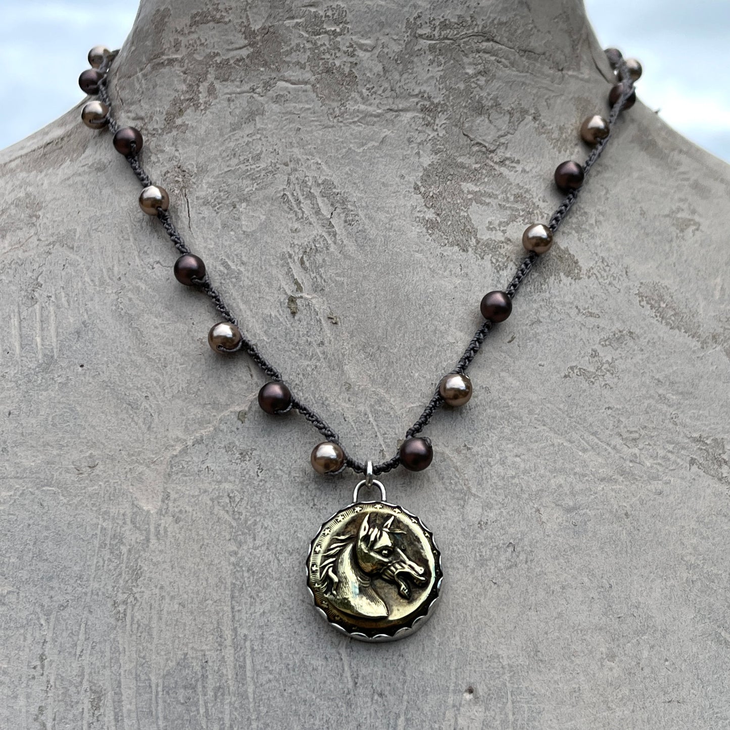 Star Detail Brass Baroque Horse Head Button on Pearl Necklace