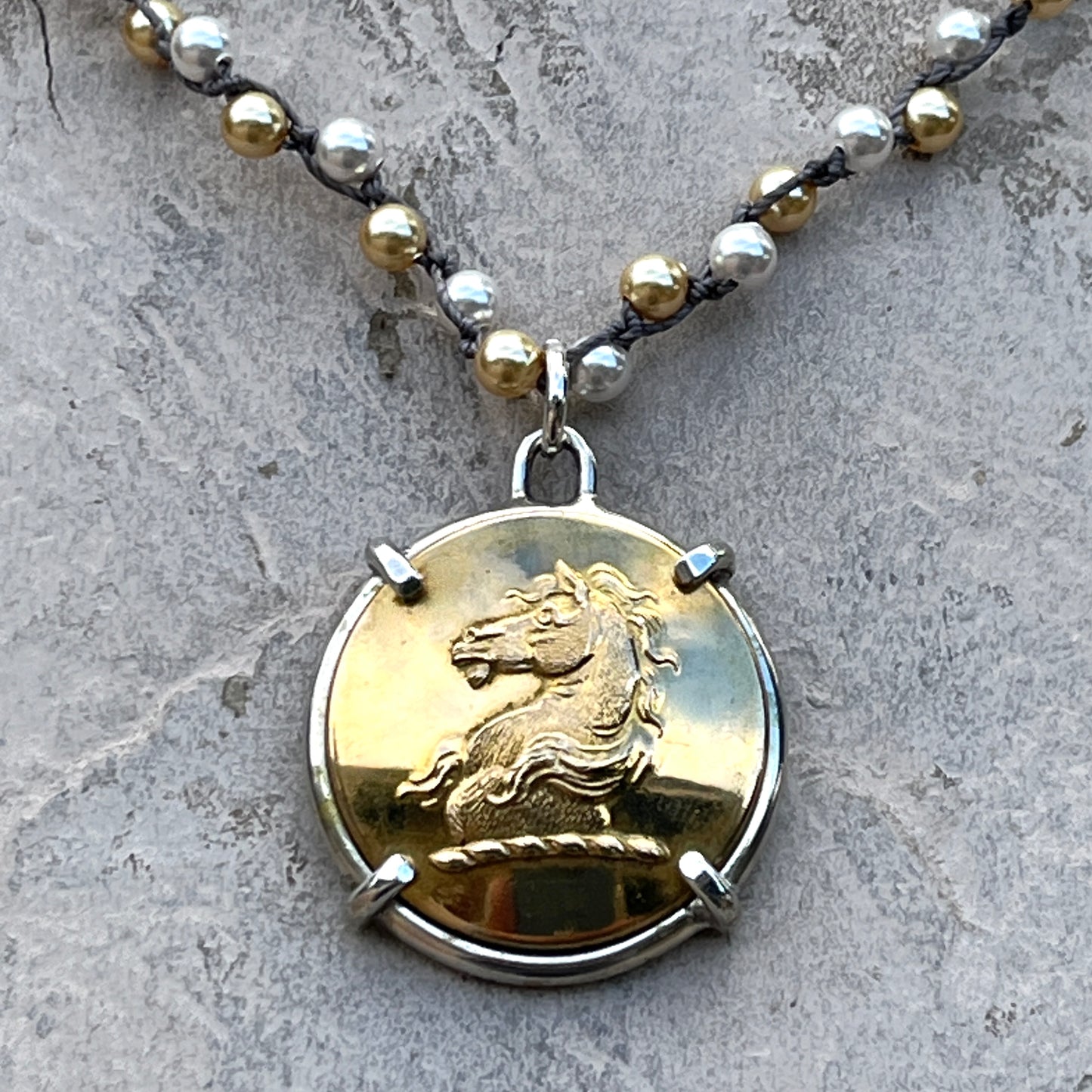 Vintage Brass Livery Horse Head Button on Pearl Necklace