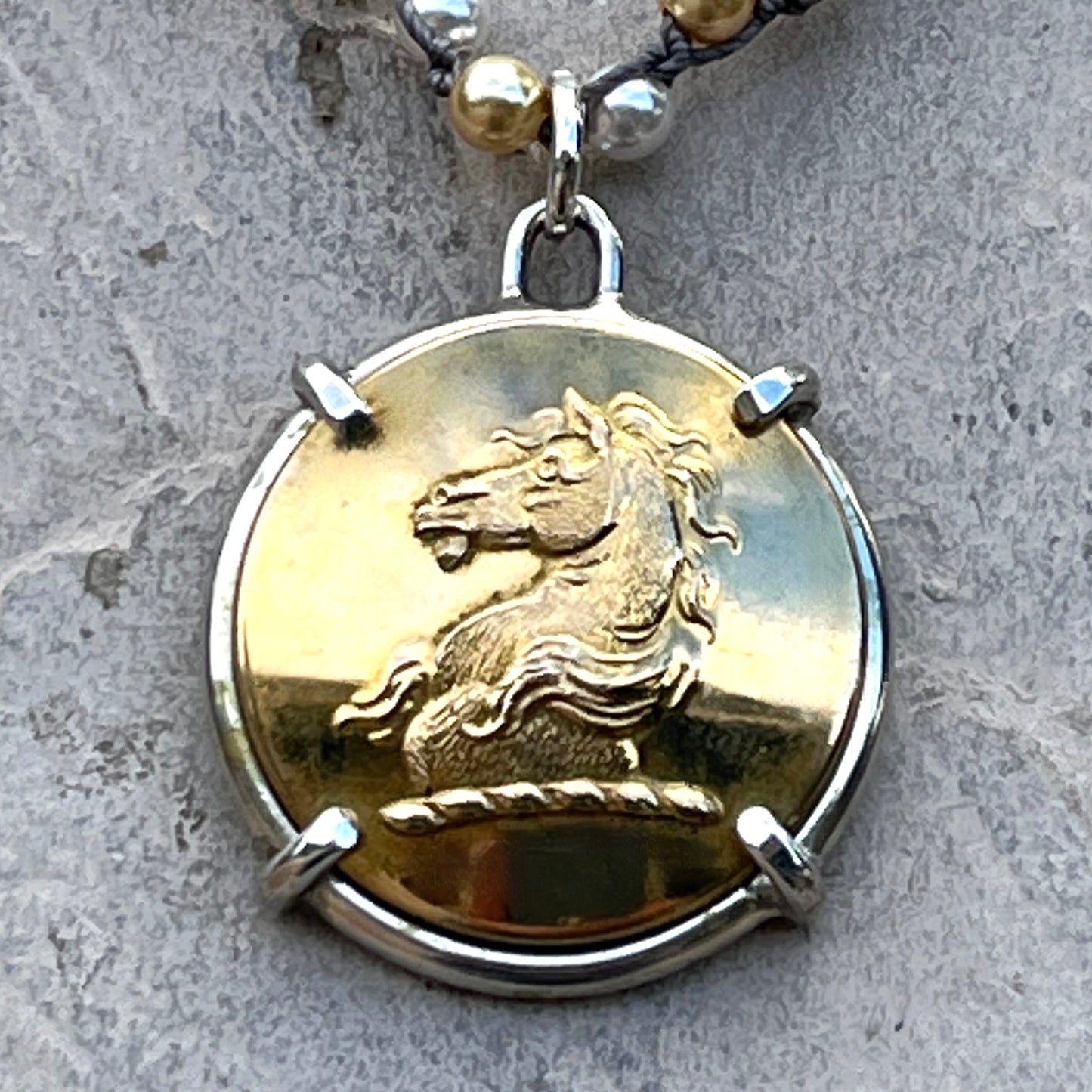 Vintage Brass Livery Horse Head Button on Pearl Necklace