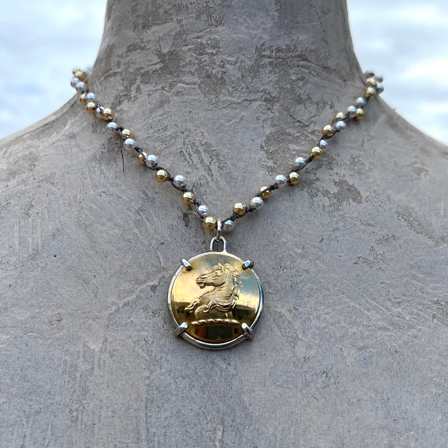 Vintage Brass Livery Horse Head Button on Pearl Necklace