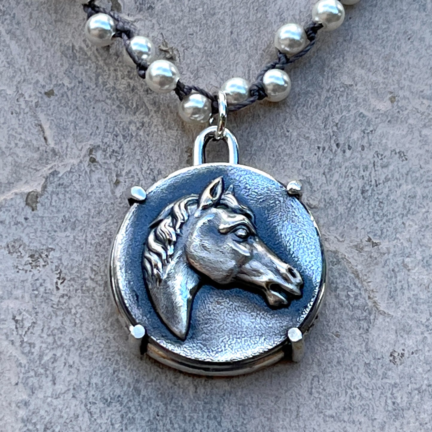 Vintage Silver-Plated Horse Head Button on Pearl Necklace