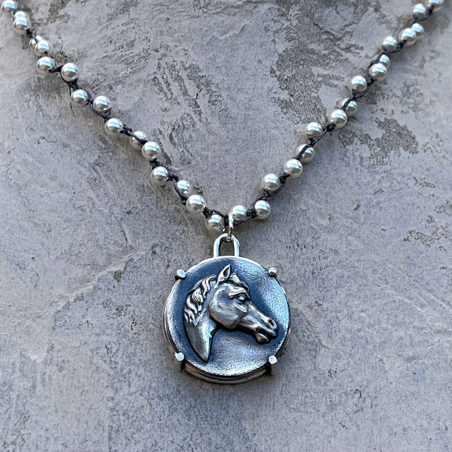 Vintage Silver-Plated Horse Head Button on Pearl Necklace