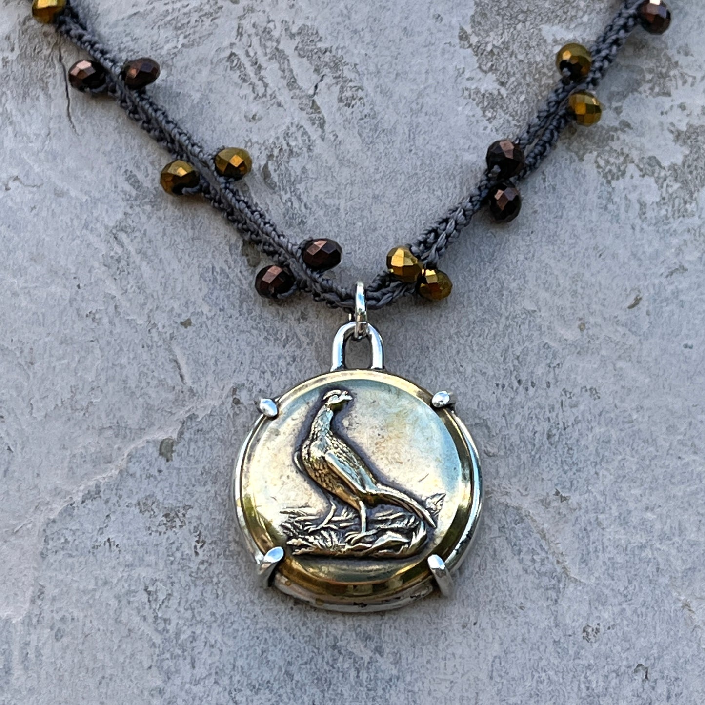 Pheasant Button on Pearl Necklace
