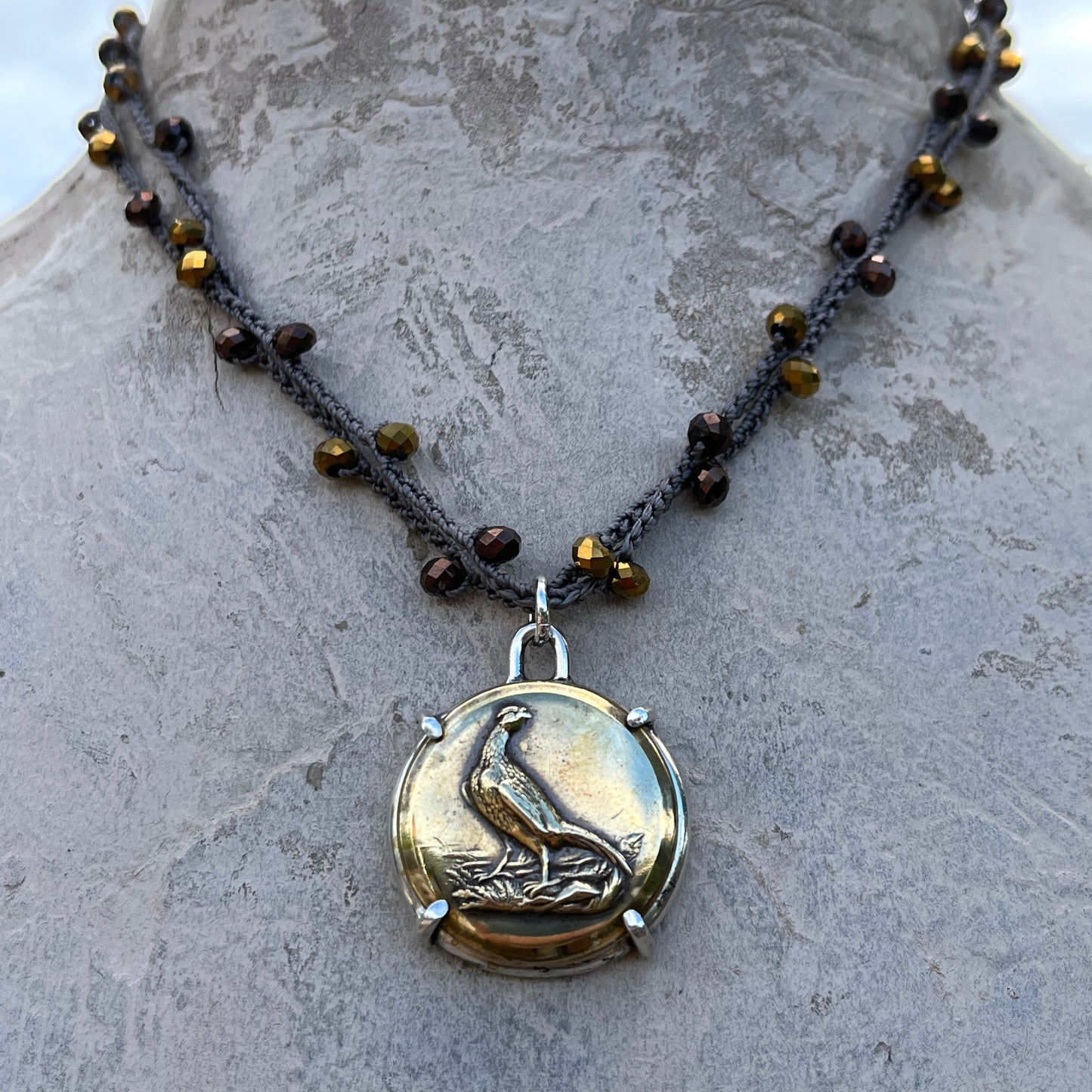 Pheasant Button on Pearl Necklace