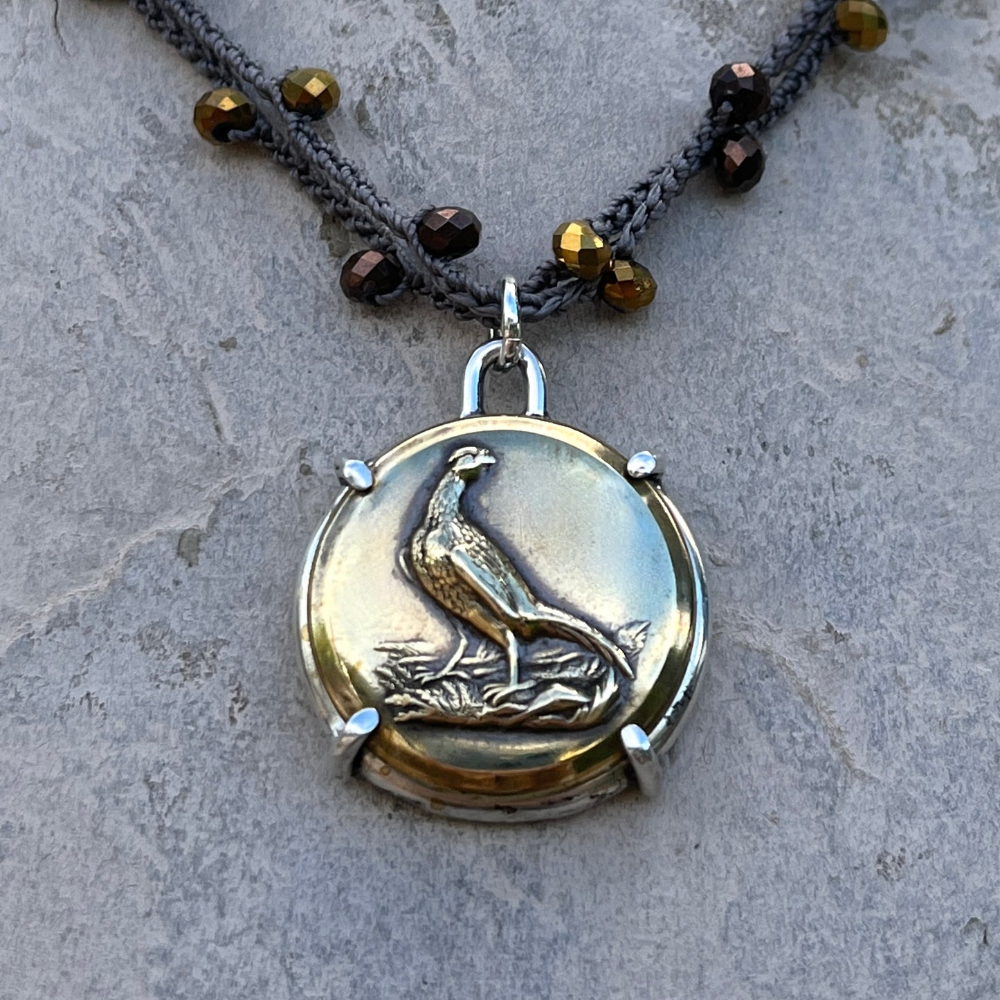 Pheasant Button on Pearl Necklace