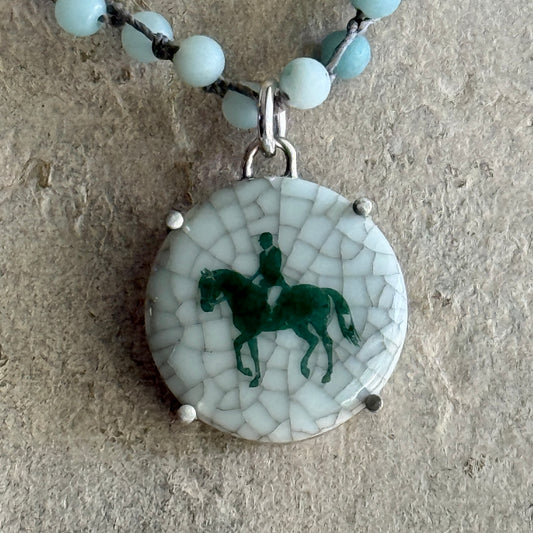 Danish Porcelain Cabachon with Green Horse Necklace