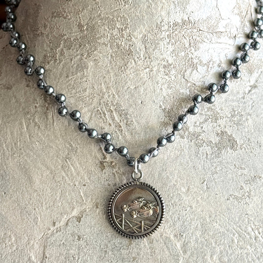 Double Horse Head Medal on Pearl Necklace
