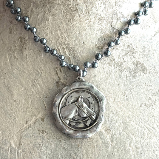 French Horse Show Medal on Pearl Necklace