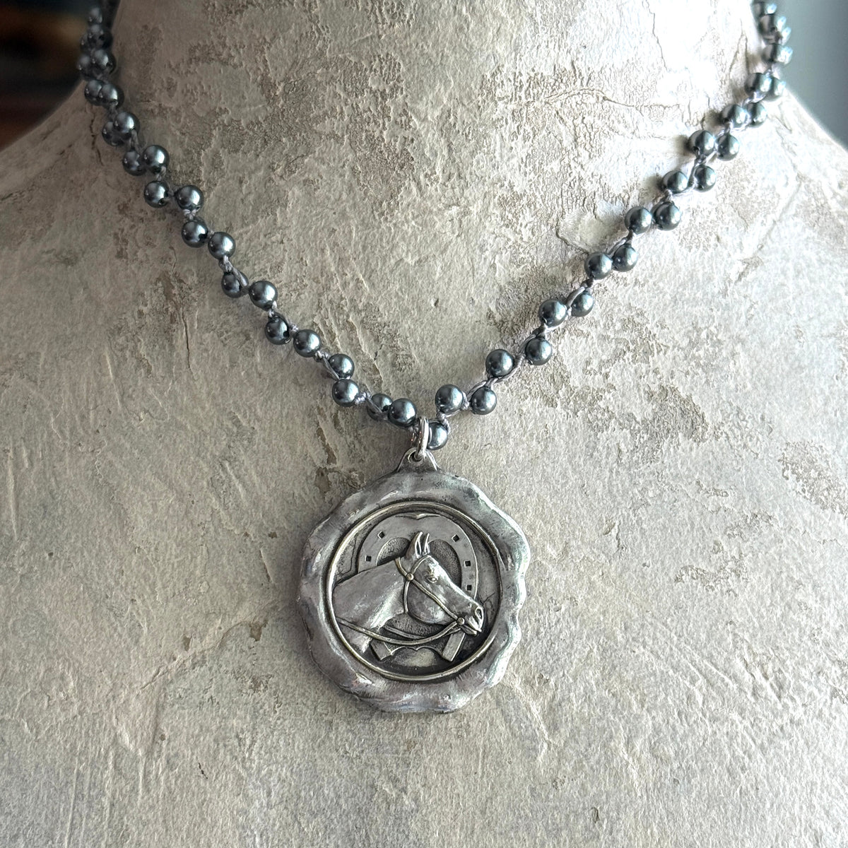 French Horse Show Medal on Pearl Necklace