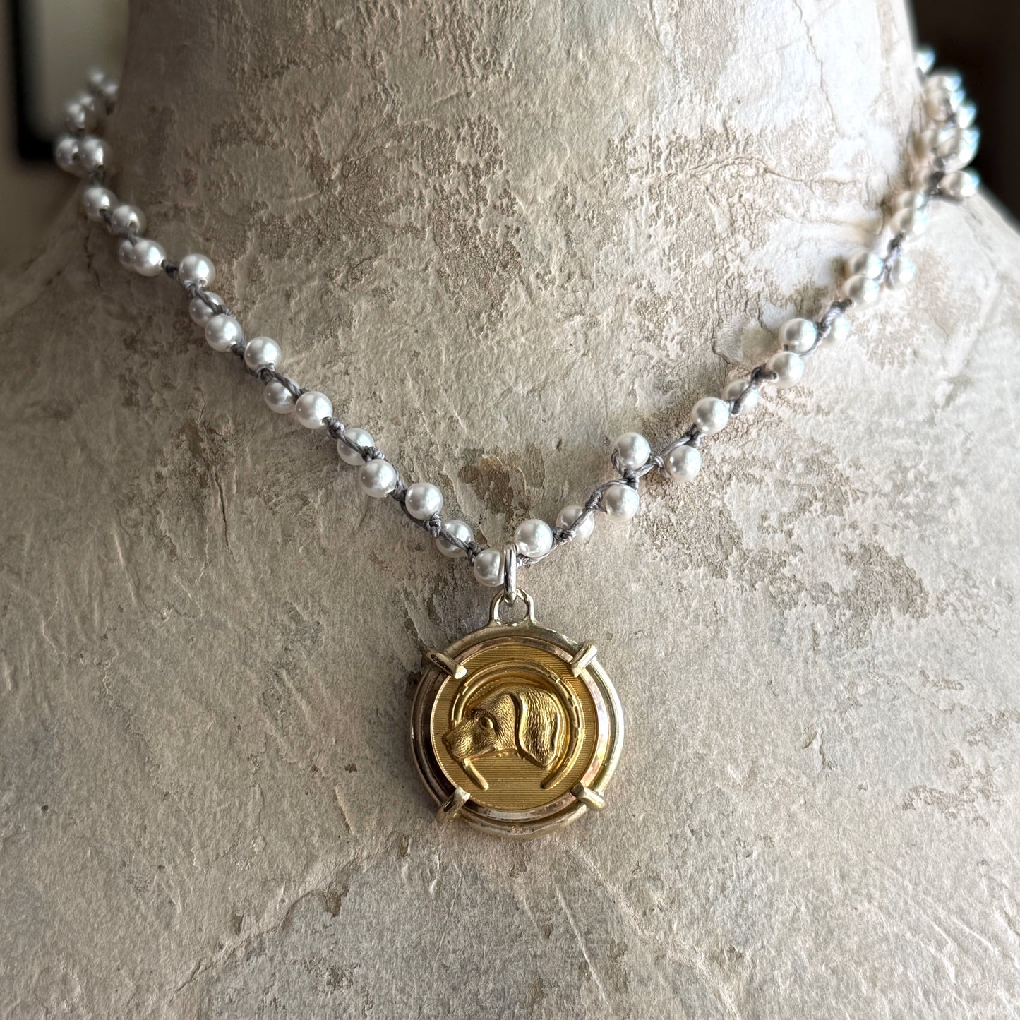 Gilded Hound and Horseshoe Button Necklace