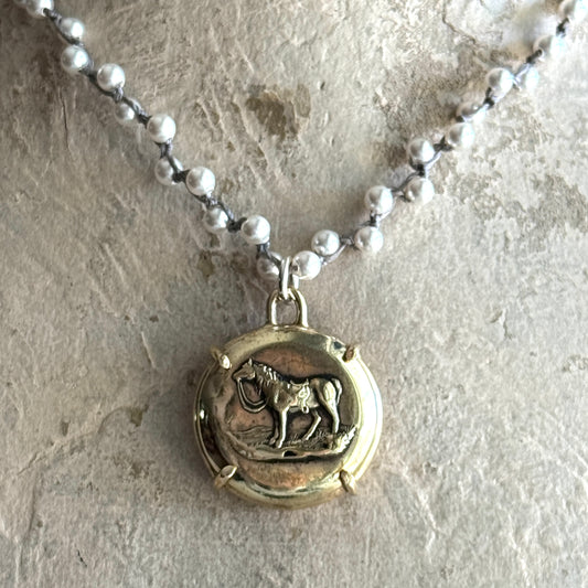 Bronze Handsome Horse Button Necklace